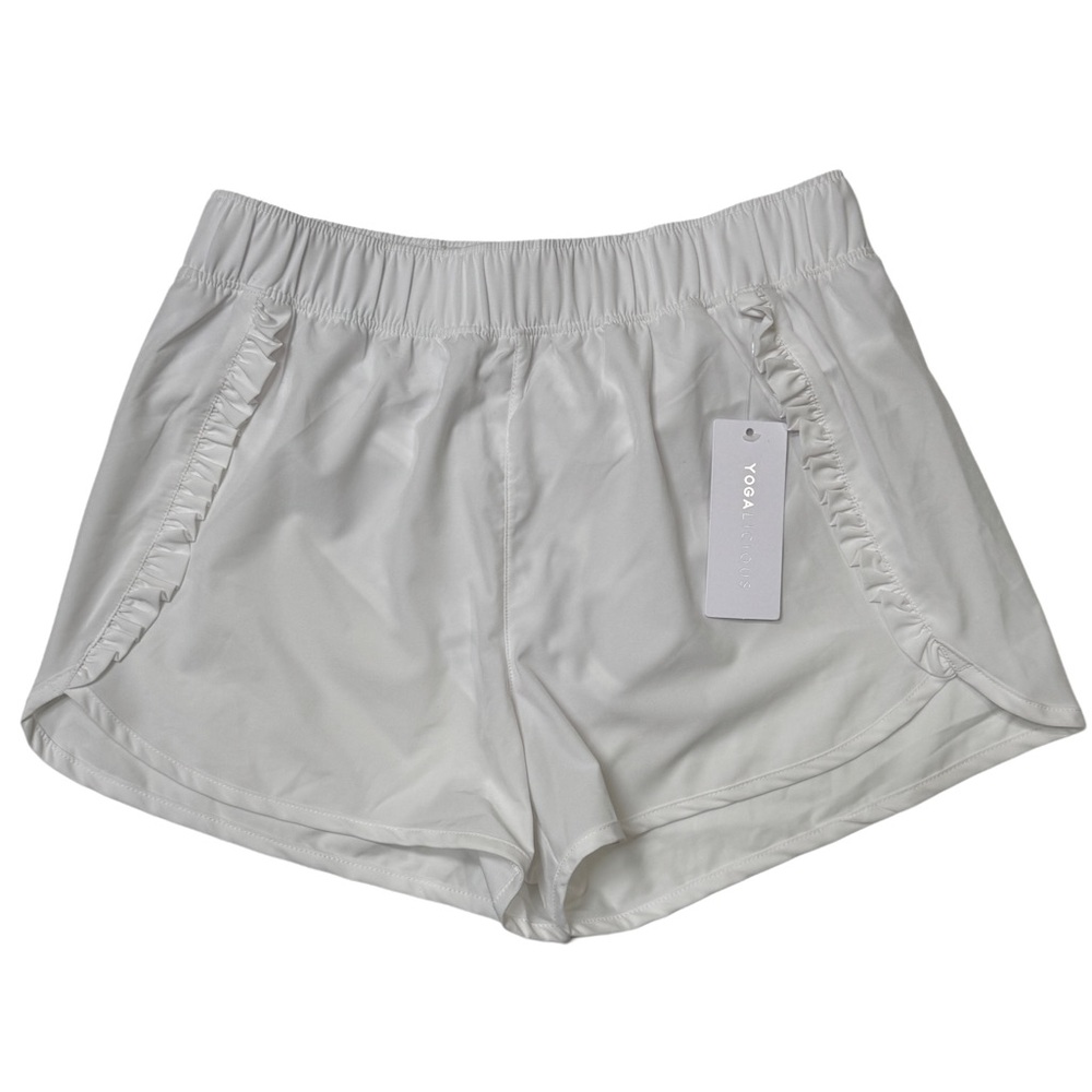 {Yogalicious} "Ever After Running Short" White Ruffle Trim Athletic Gym Mini